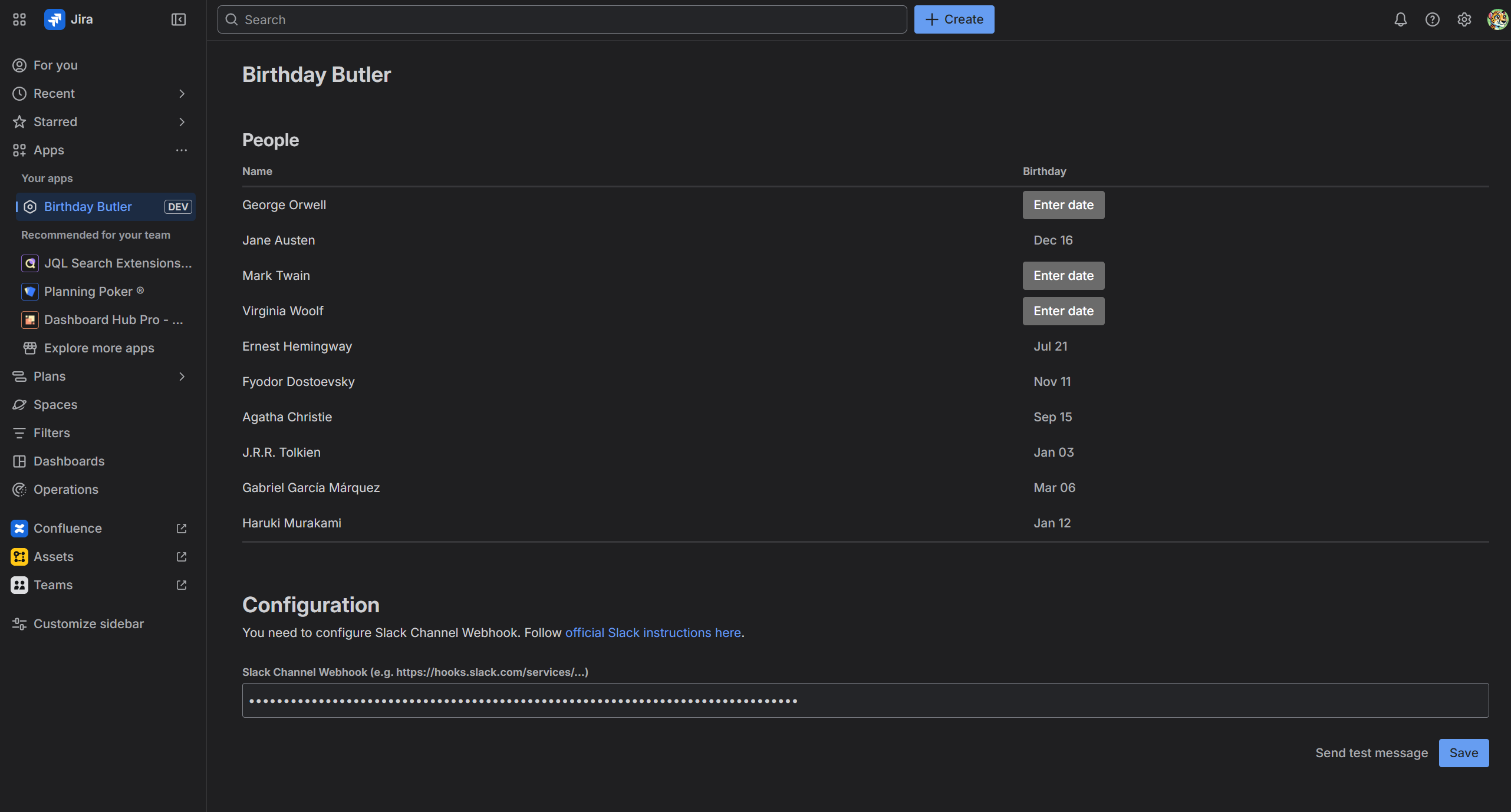 Birthday Butler Configuration Screen