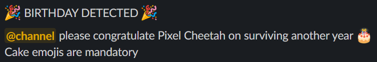 Birthday Butler Slack Message Example